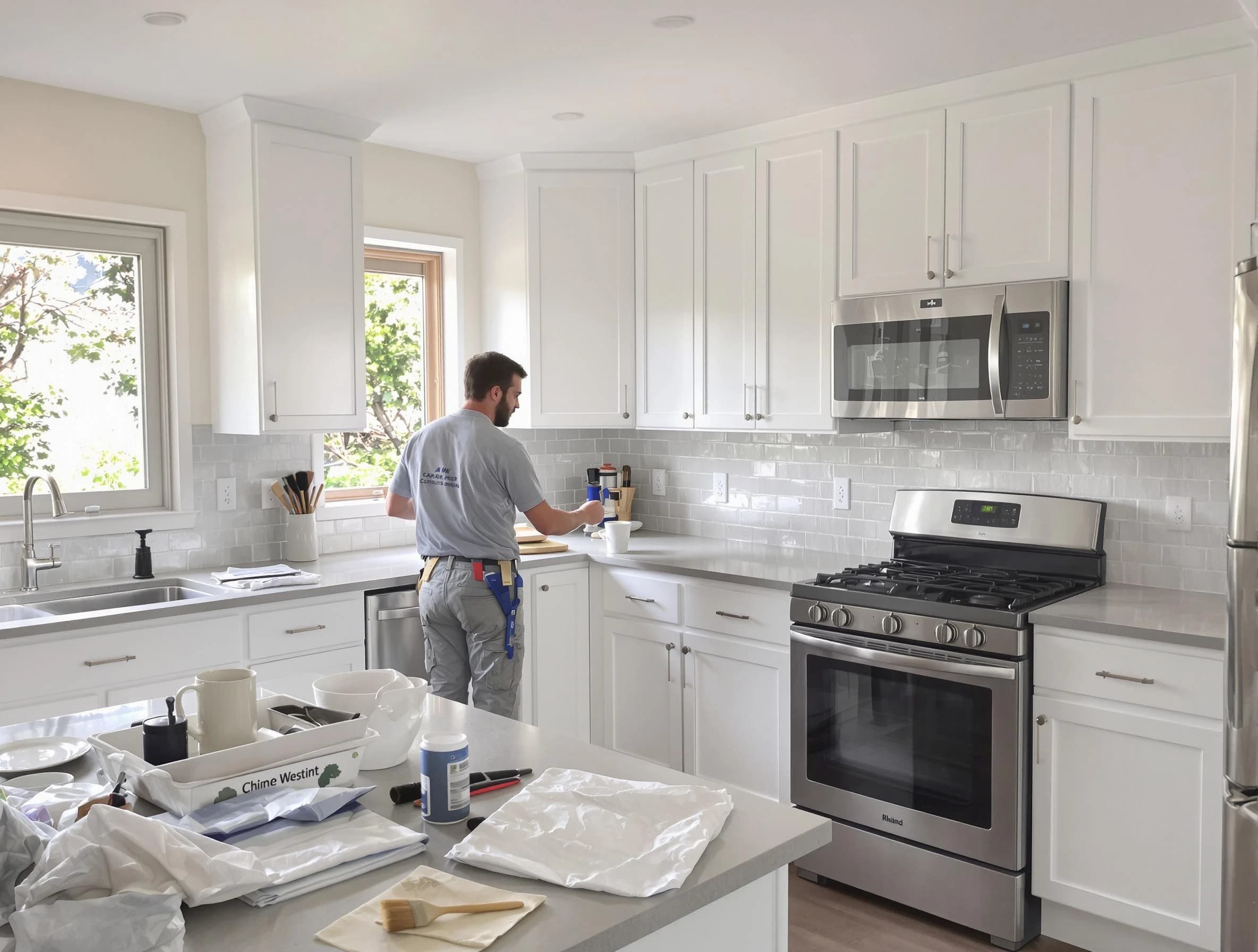 Avon Lake House Painters applying fresh paint on kitchen cabinets in Avon Lake