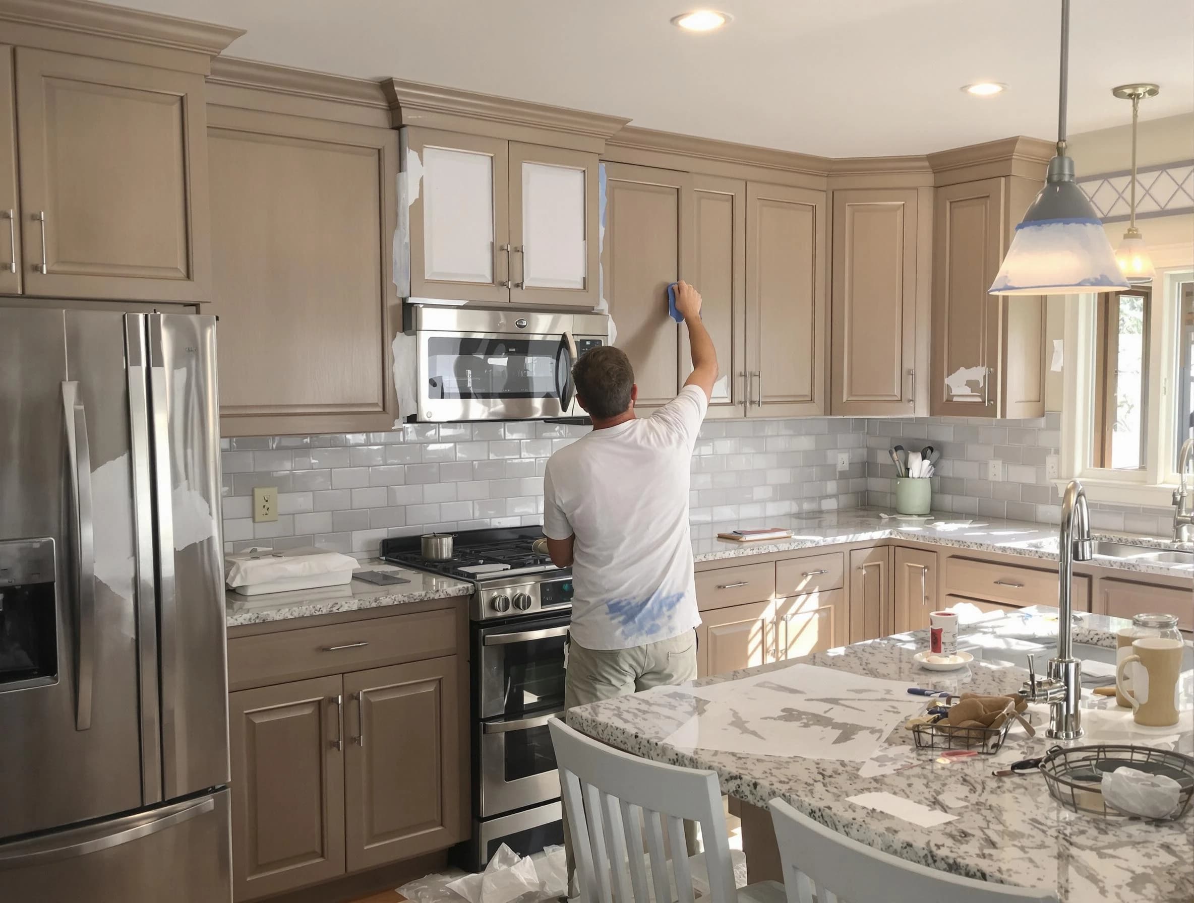 Before-and-after view of kitchen painting by Avon Lake House Painters in Avon Lake