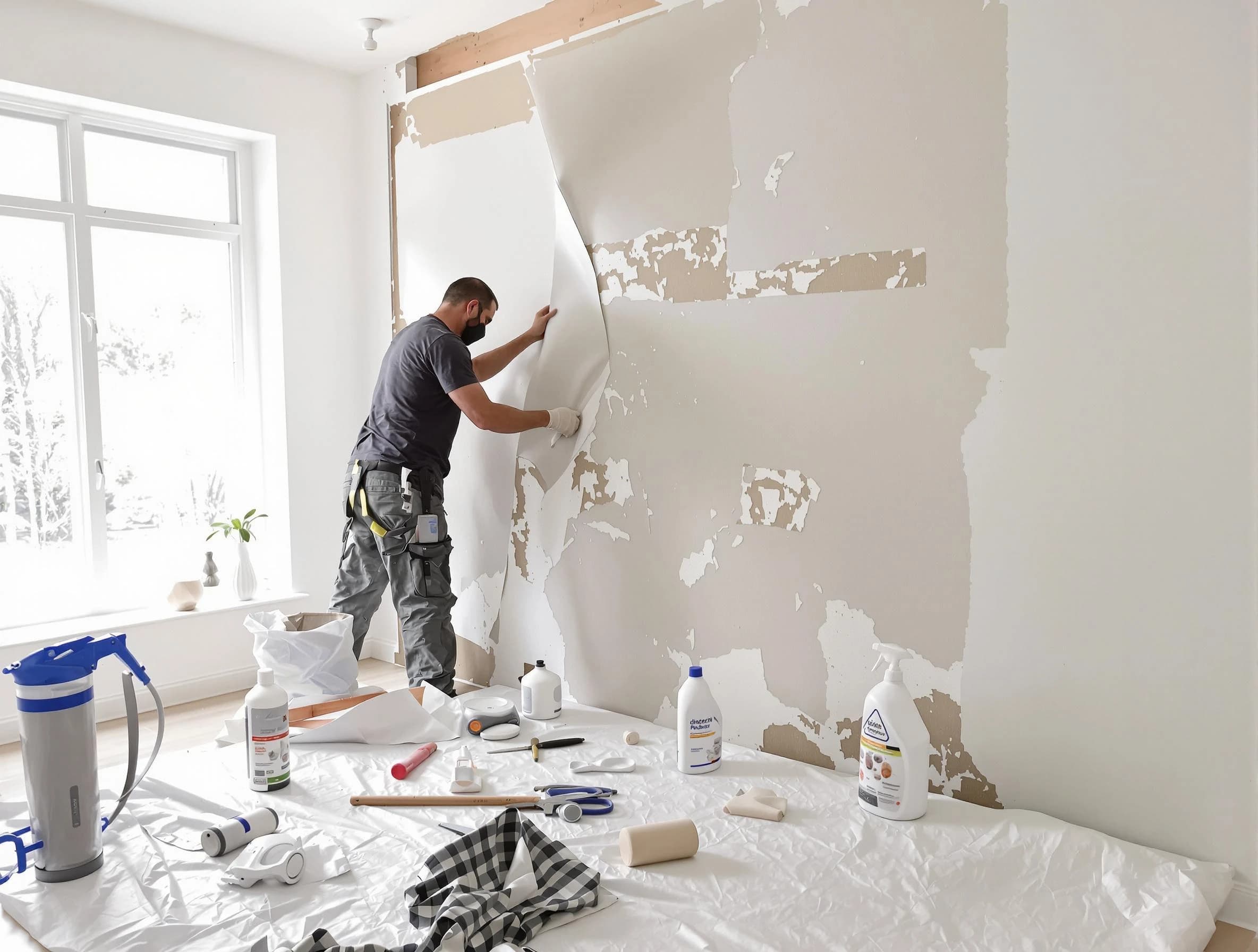 Avon Lake House Painters technician removing wallpaper in Avon Lake, OH