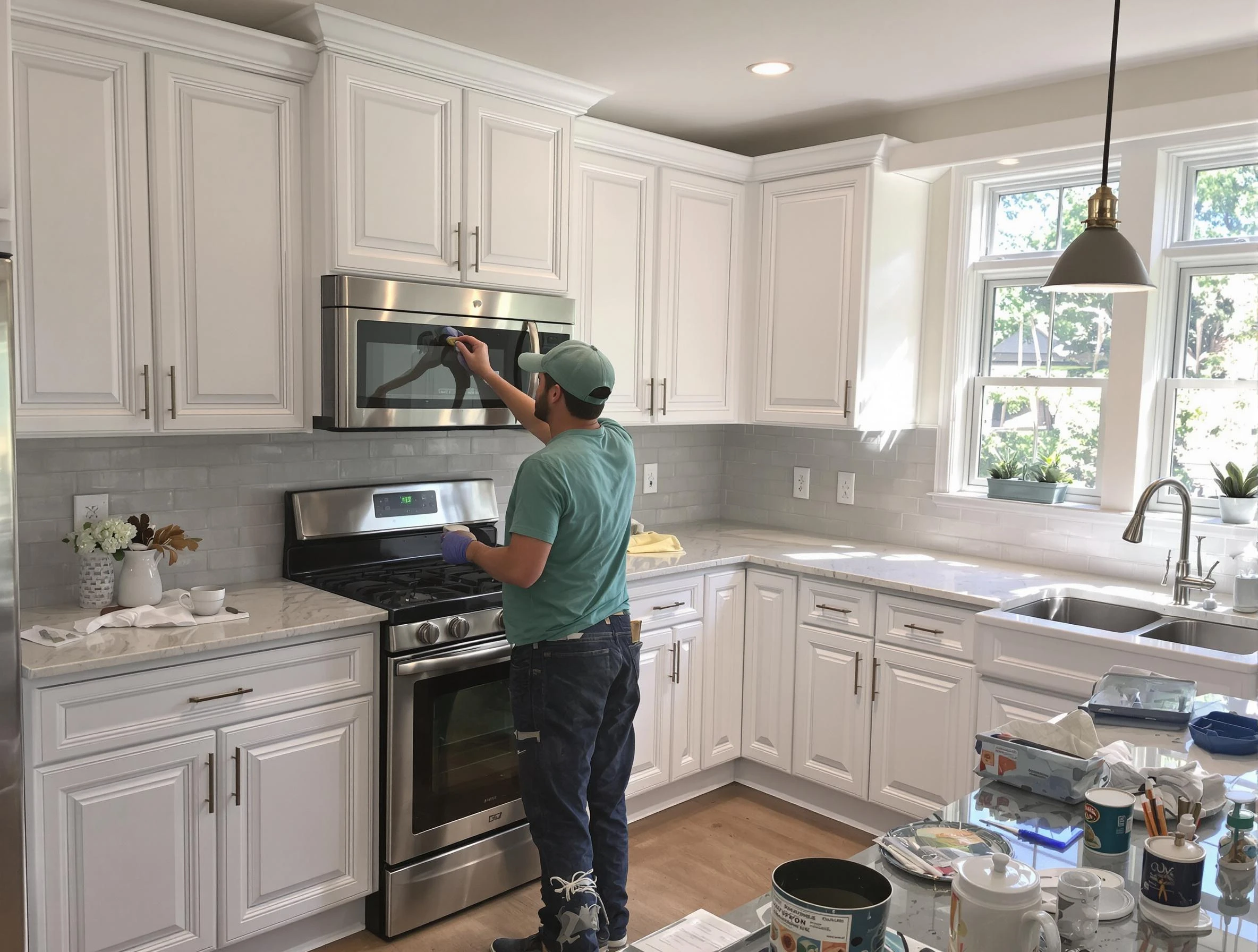 Kitchen cabinets being refinished by Avon Lake House Painters in Avon Lake, OH